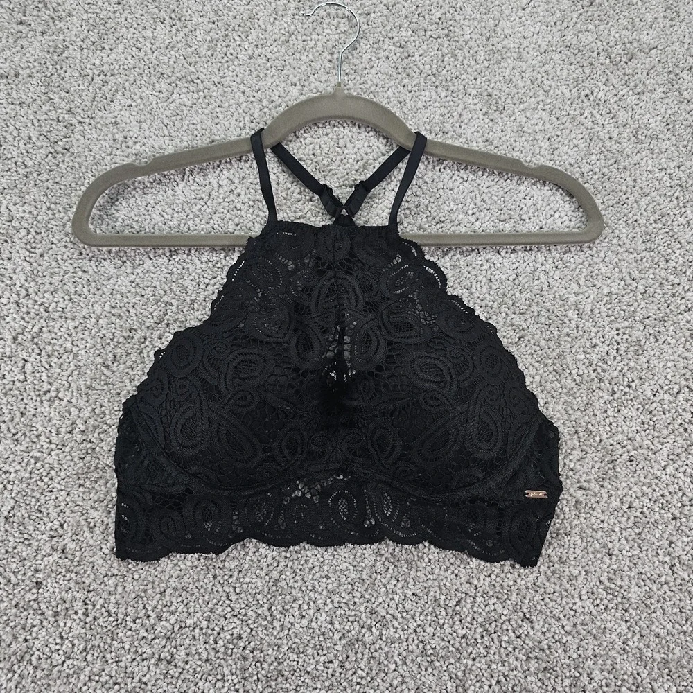 Victoria's Secret‎ PINK size S  Lace High-Neck Push Up Bralette BLACK Bra NWOT